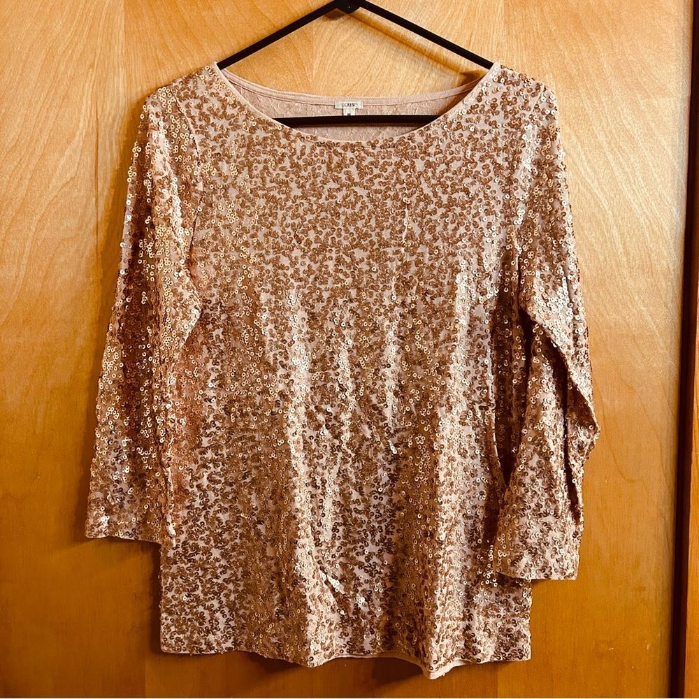 J. Crew women’s sequins blouse, rose gold, size medium.